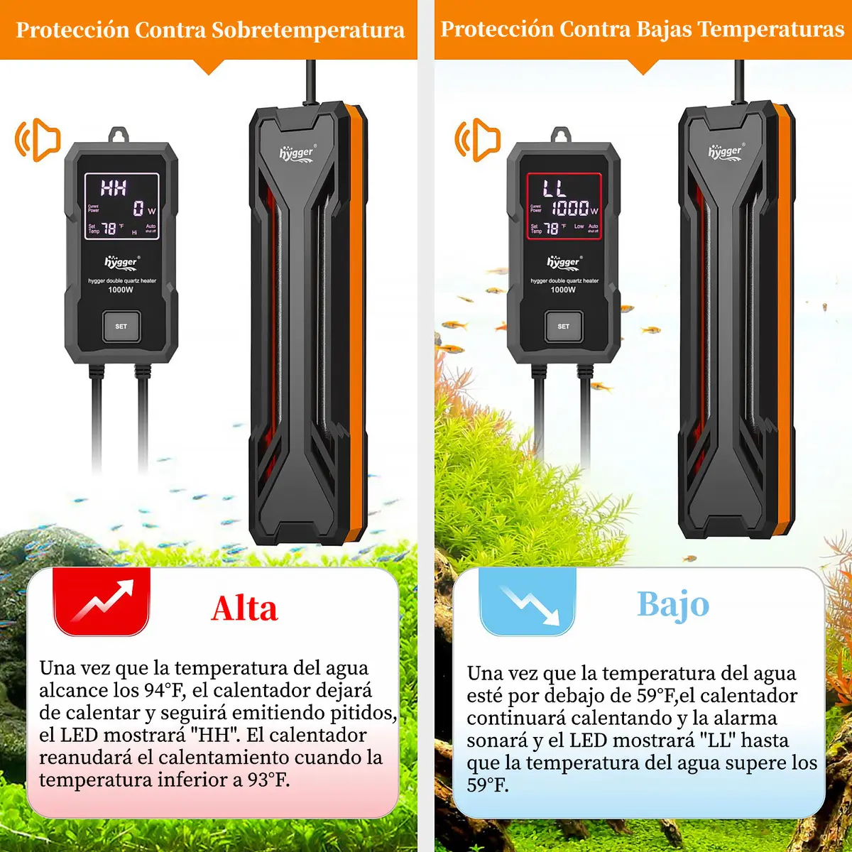 Hygger Calentador Acuario 1000W Control Digital Agua Dulce Salada 492-984L - Image 5