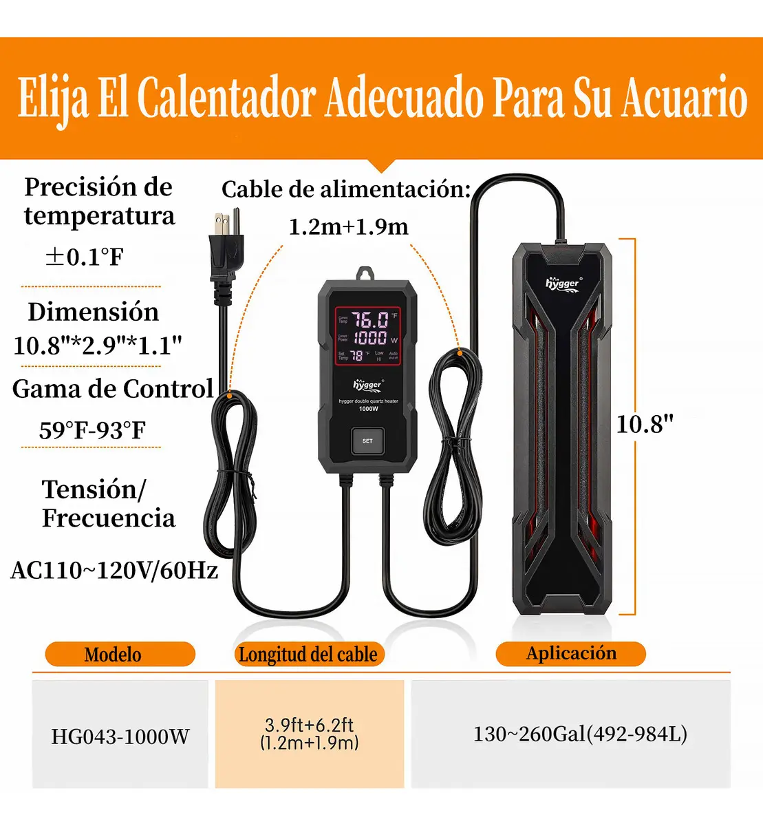 Hygger Calentador Acuario 1000W Control Digital Agua Dulce Salada 492-984L - Image 3