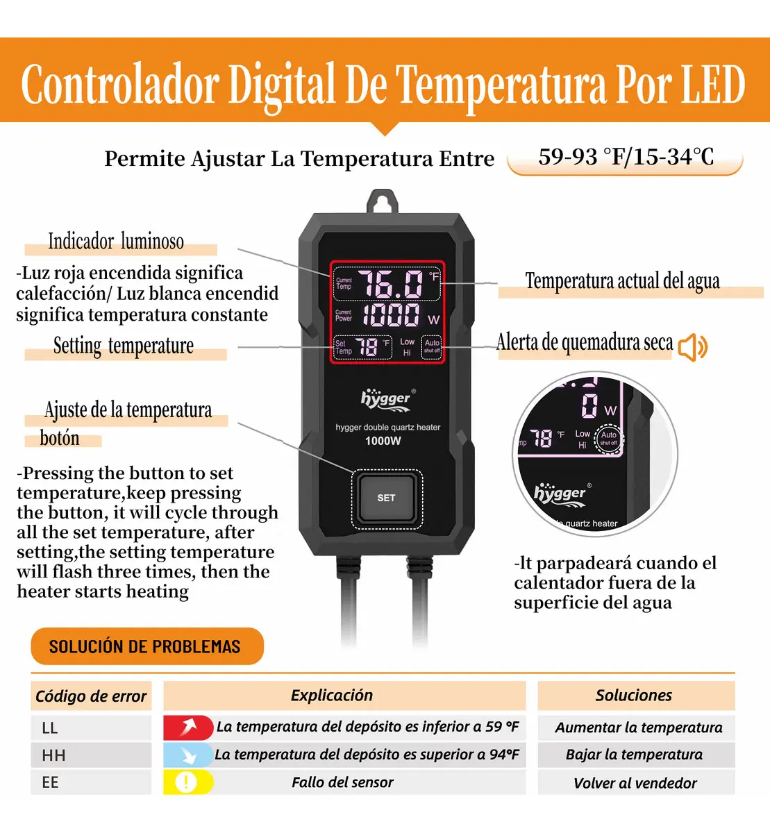 Hygger Calentador Acuario 1000W Control Digital Agua Dulce Salada 492-984L - Image 2