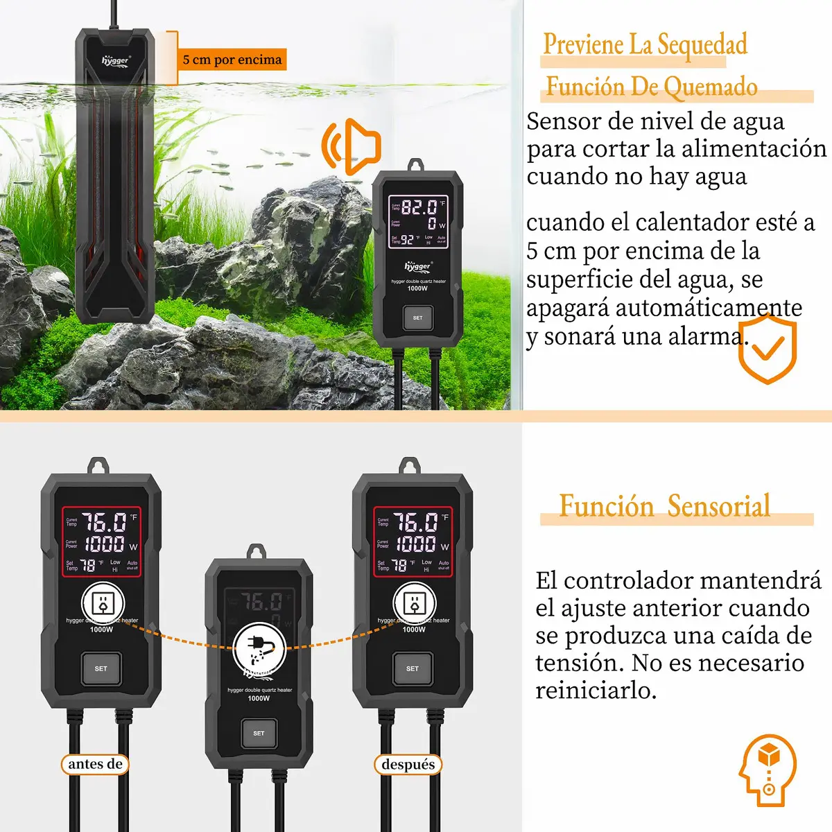 Hygger Calentador Acuario 1000W Control Digital Agua Dulce Salada 492-984L - Image 4